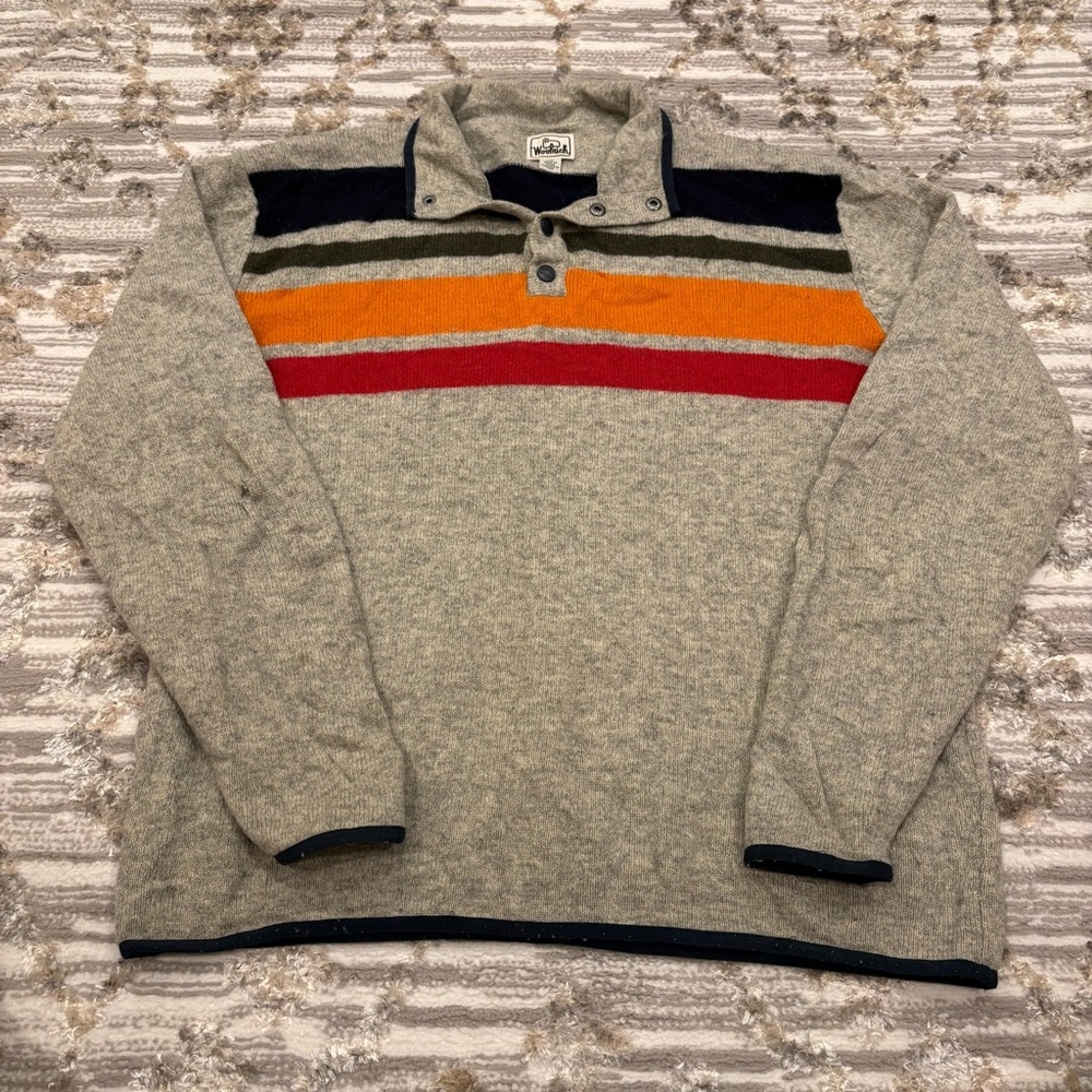 WoolRich 100% Lambswool Half Snap Blanket Stripe Sweater Men’s Large Rare Read
